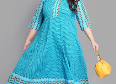 Women’s Plus Size Cotton Geometric Print Anarkali kurti (Teal)