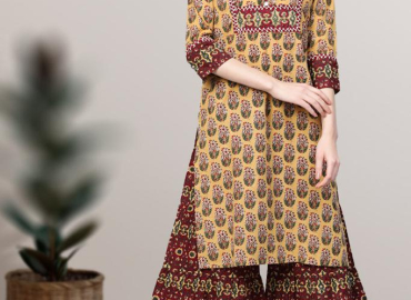 Cotton Floral Printed Straight Kurta & Sharara Set (Mustard)