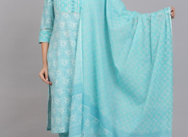 Women’s Floral Printed Kurta with Pant and Dupatta (Sky Blue)