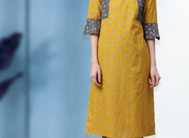 Cotton Geomatrical Printed Straight Kurta with Pant (Yellow & Grey)