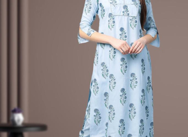 Cotton Floral Printed Straight Kurta with Pant (Sky Blue)