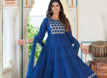 Women’s Blue Embroidered Tiered Kurta Set with Dupatta(Blue)