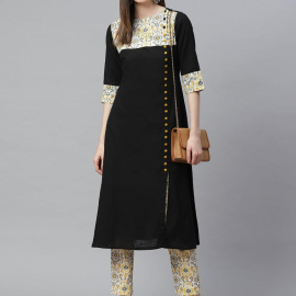 Cotton A-line Kurta with Ikat Printed Pant (Black)