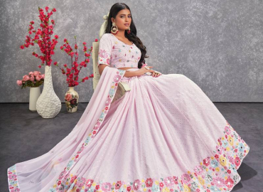 PINK THREAD AND SEQUINS EMBROIDERED GEORGETTE FESTIVE & PARTY WEAR SEMI STITCHED LEHENGA