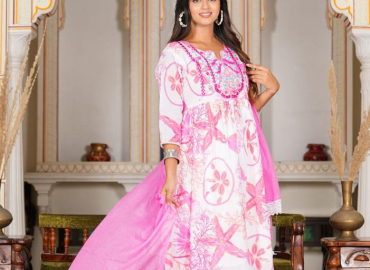 Women’s Pink Embroidered Anarkali Kurta with Pant & Dupatta (Pink)