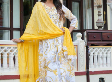 Women’s Yellow Embroidered Anarkali Kurta with Pant & Dupatta (Yellow)