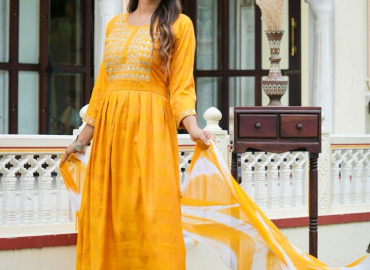 Women’s Mustard Embroidered Naira Cut Kurta with Pant & Dupatta (Mustard)