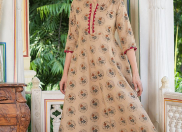 Cotton Blend Floral Print Anarkali Kurta (Beige)