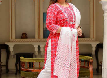 Women’s Embroidered Geomatrical Printed Straight Kurta with Floral Printed Pant and Dupatta (Red)