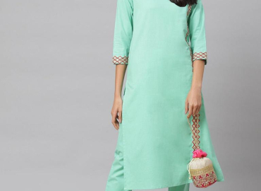 Cotton Embroidered Straight Kurta with Pant (SEA GREEN)