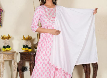 Women’s Pink Floral Embroidered Gathered Kurta with Pant & Dupatta (Pink)