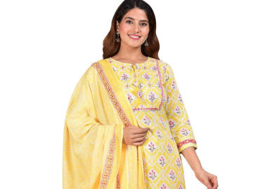 Women’s Embroidered Floral Printed Straight Kurta with Lehariya Printed Pant and Dupatta (Yellow)