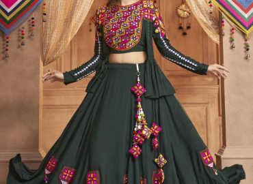 Green Thread Embroidered With Mirror Viscose Rayon Traditional Navratri Festival Stitched Lehenga Choli Koti/Shrug